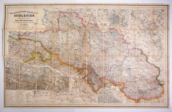 [ŚLĄSK]. General-Karte von der Königlich Preussischen Provinz Schlesien u. den angrenzenden Ländertheilen nebst special Karte vom Riesen-Gebirge und vom Oberschlesischen Bergwerks- und Hütten-Revier. Litografia barwna form. 69x110,8 cm