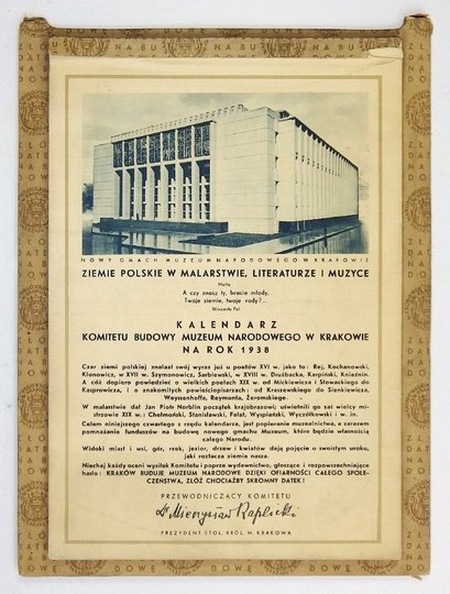 KALENDARZ Komitetu Budowy Muzeum Narodowego w Krakowie na rok 1938