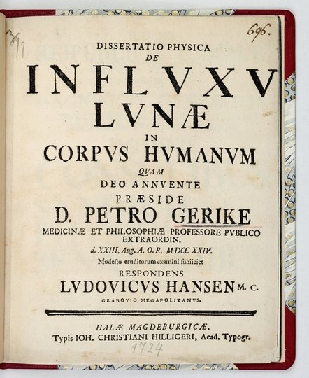 GERIKE Peter - Dissertatio physica de inflvxv lvnae in corpvs hvmanvm.