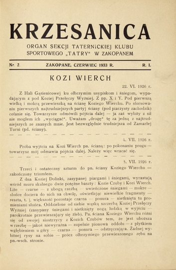 KRZESANICA. Organ Sekcji Taternickiej Klubu Sportowego &quot;Tatry&quot;. R. 1, nr 2: VI 1933.