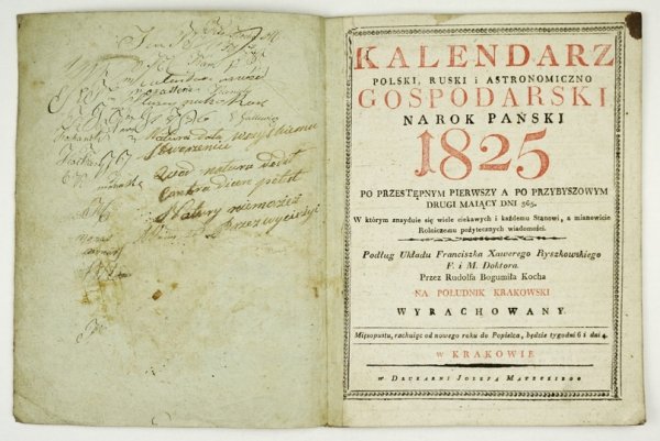 KALENDARZ polski, ruski i astronomiczno gospodarski na rok Pański 1825 po przestępnym pierwszy a po przybyszowym drugi mający dni 365. W którym znayduie się wiele ciekawych i każdemu Stanowi, a mianowicie Rolniczemu pożytecznych wiadomości. Podług układu 
