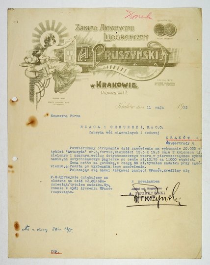 [KORESPONDENCJA handlowa]. List z Zakładów Artystyczno-Litograficznych A. Pruszyński w Krakowie do Fabryki Wód Mineralnych i Sodowej Rząca i Chmurski, Sp. z o.o. w Krakowie, dat. 11 V 1933.