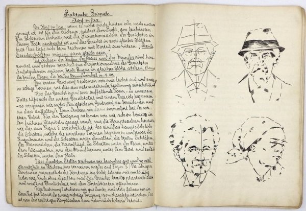[NAUKA rysunku postaci ludzkiej]. Notatnik-szkicownik Alfonsa Michałowskiego z wczesnych lat 30. XX w. z odręcznie spisanym po niemiecku kursem portretowania.