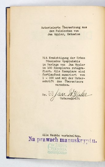 WYSPIAŃSKI St[anisław] - Die Richter [Sędziowie]. Tragödie. Autorisierte [?!] Übersetzung aus dem Polnischen von Jan Wypler.