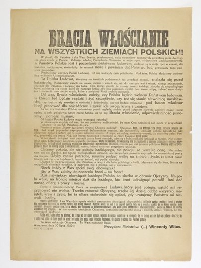 BRACIA włościanie na wszystkich ziemiach polskich! W chwili, dla Państwa i dla Was, Bracia, przełomowej, wola stronnictw sejmowych powołała mnie do objęcia steru rządu w Polsce. Oddając władzę Prezydenta Ministrów w moje ręce, stronnictwa zadokumentowały,