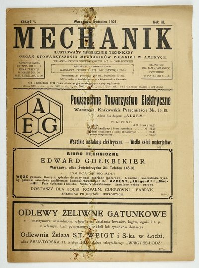 MECHANIK. Ilustrowany miesięcznik techniczny. Organ Stowarzyszenia Mechaników Polskich w Ameryce. Red. Jan Komarnicki.{|br /|}R. 3, z. 4: IV 1921