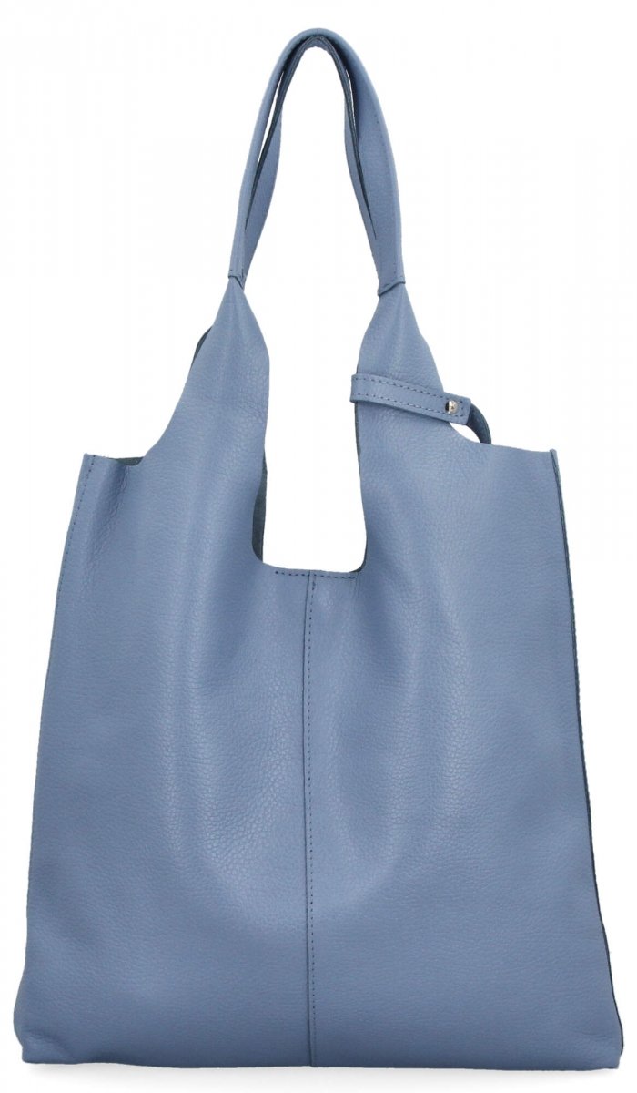 Torebka Skórzana Shopper Bag z Kosmetyczką Jasno Niebieska