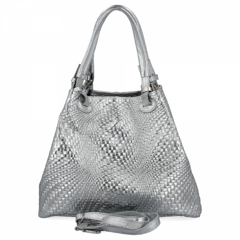 Stylowa Torebka Skórzana Shopper Bag Srebrna