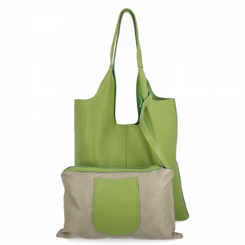 Torebka Skórzana Shopper Bag z Kosmetyczką Jasno Zielona