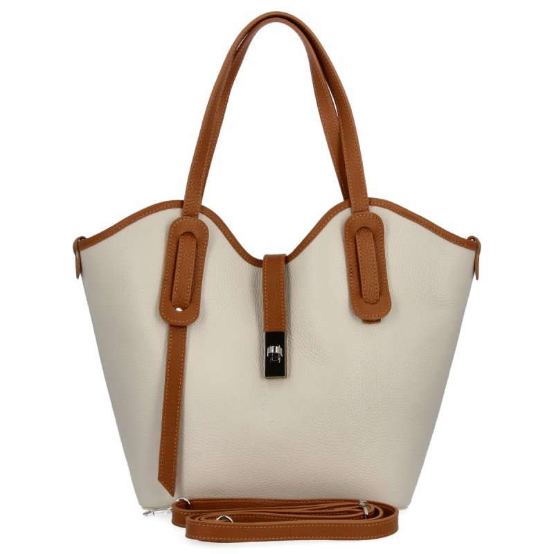 Elegancka Torebka Skórzana Shopper Bag Beżowa/Ruda