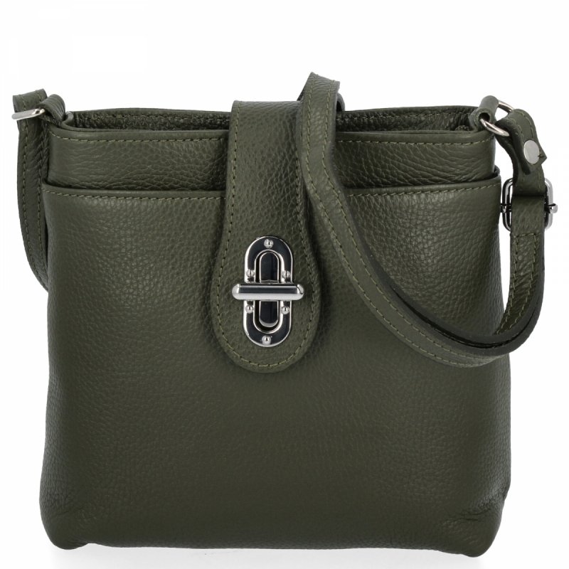 Włoska Torebka Skórzana Listonoszka Ciemno Zielona