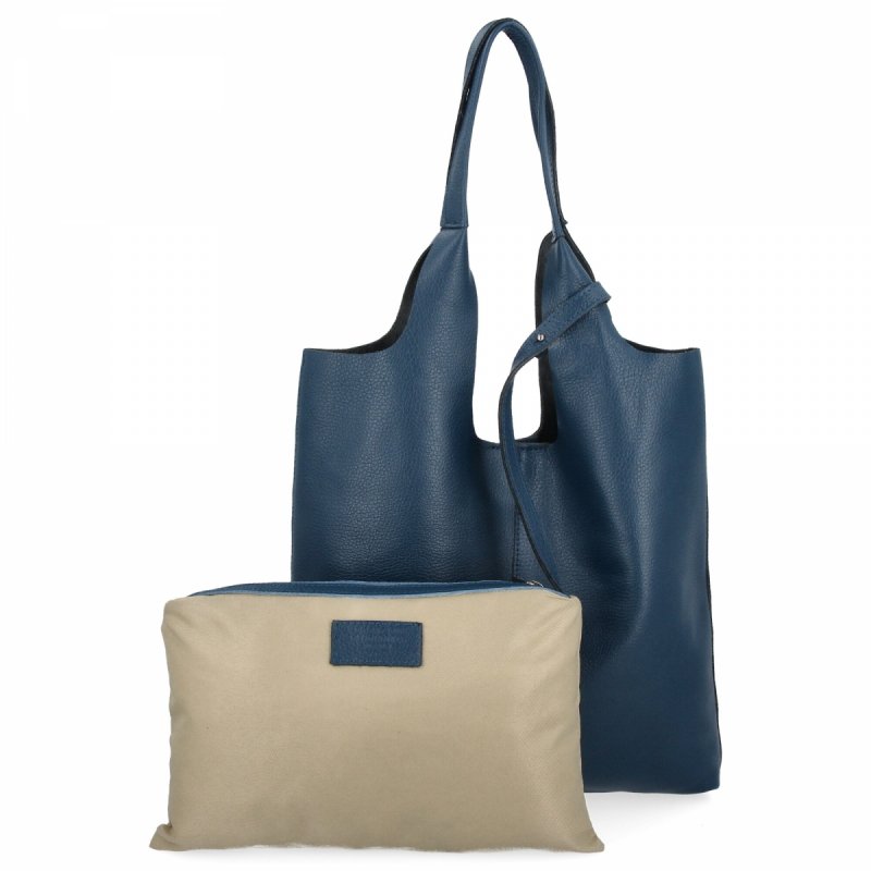 Torebka Skórzana Shopper Bag z Kosmetyczką Granatowa