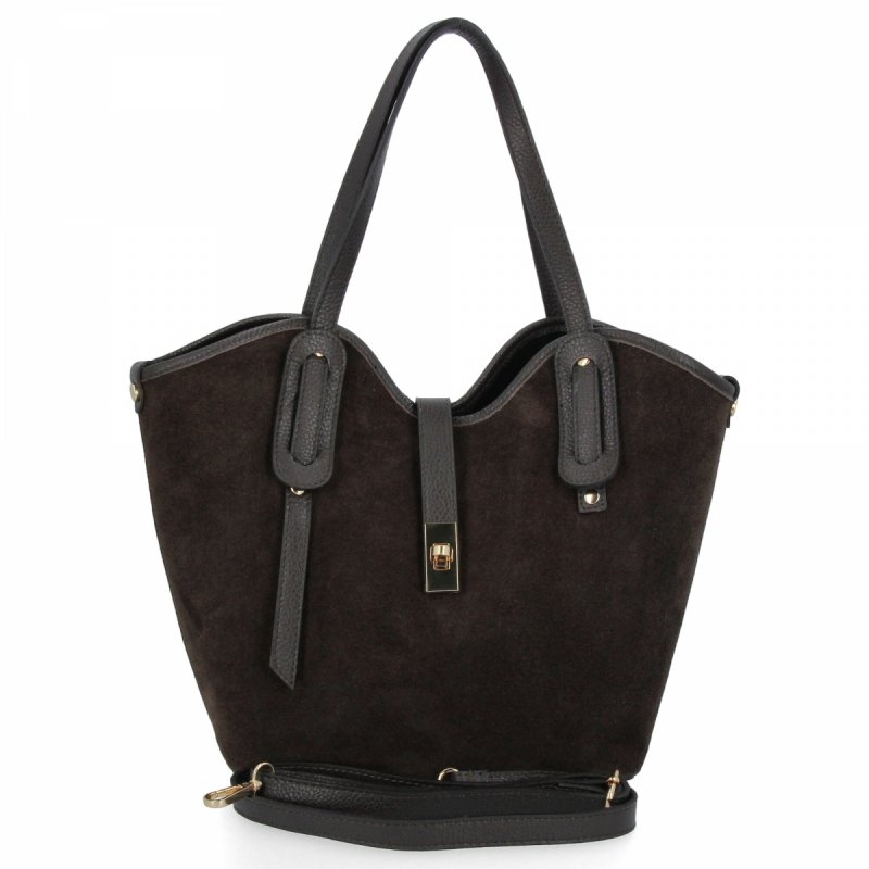 Elegancka Torebka Skórzana Shopper Bag Czekoladowa