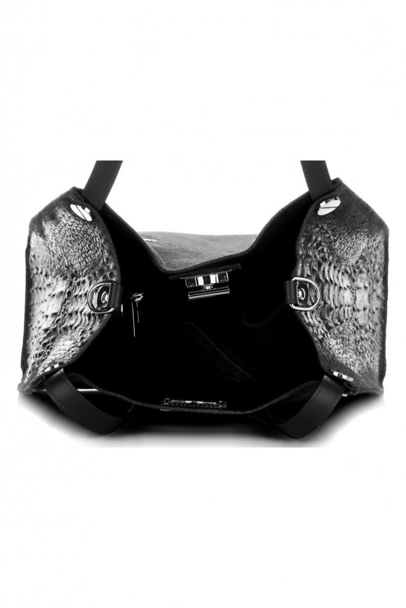 Torebka Skórzana Shopper Bag w motyw Zwierzęcy Czarna