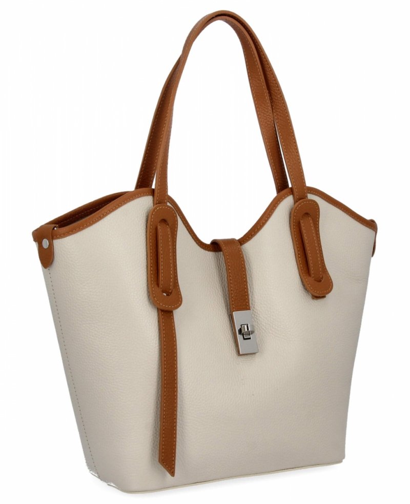 Elegancka Torebka Skórzana Shopper Bag Beżowa/Ruda