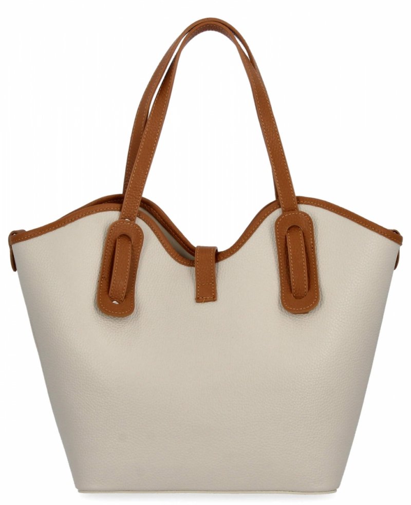 Elegancka Torebka Skórzana Shopper Bag Beżowa/Ruda