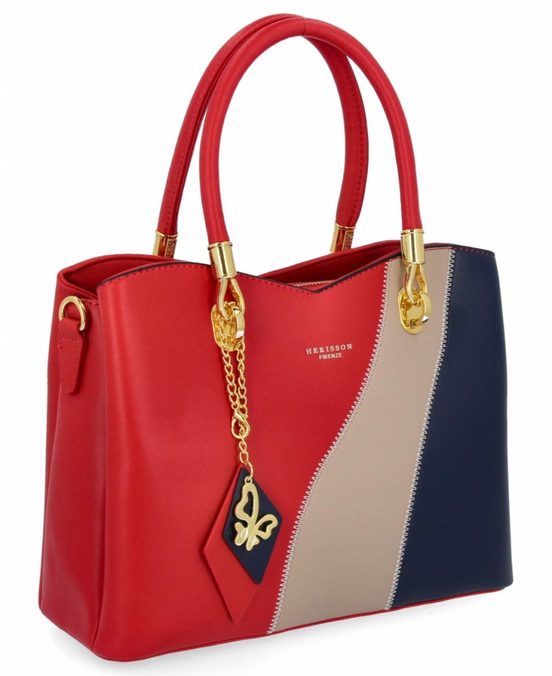 Modna Torebka Damska Kuferek 3 Komory firmy Herisson Czerwona/Granatowa