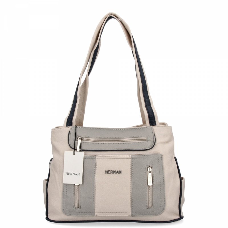 Dwukomorowa Torebka Damska Shopper Bag firmy Hernan Beżowa/Jasno Szara