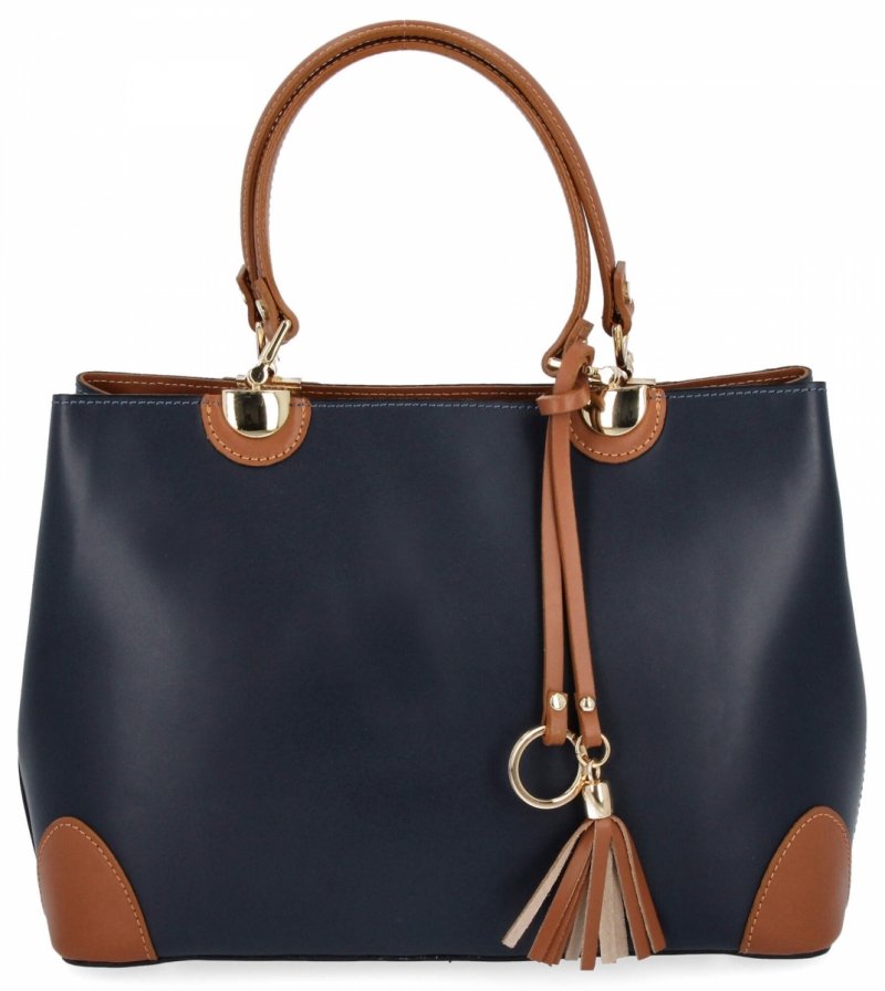 Włoska Torebka Skórzana Kuferek Granatowa/Ruda