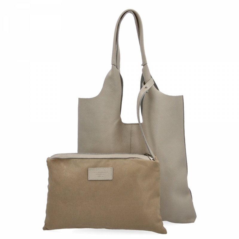 Torebka Skórzana Shopper Bag z Kosmetyczką Beżowa