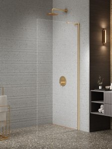 NEW TRENDY Kabina prysznicowa NESTA GOLD BRUSHED WALK-IN U 120x200 szkło czyste 8mm Active Shield 2.0 - WSPORNIK KĄTOWY K-1743-WL