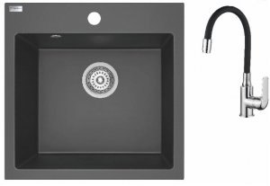 AQUAFORM - zlewozmywak granitowy MARANELLO 490 X 490 X 215 - 1 komora, CZARNY MONO + syfon oszczędzający miejsce + bateria stojąca z wylewką elastyczną  AQ.901-1009507