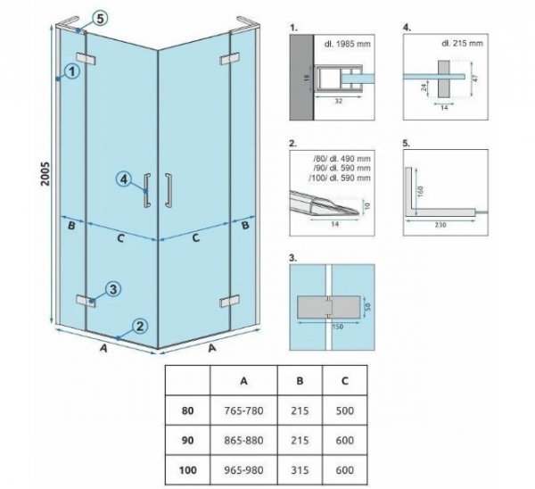 REA - Kabina narożna - drzwi podwójne prysznicowe składane, łamane HUGO DOUBLE 90x90 Gold / Złota 