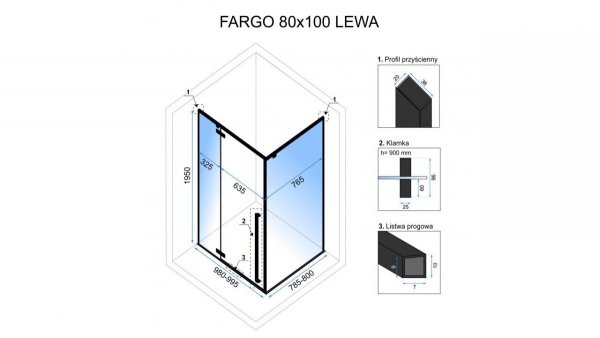 REA - Kabina prysznicowa FARGO 80X100 BLACK MAT (LEWA)