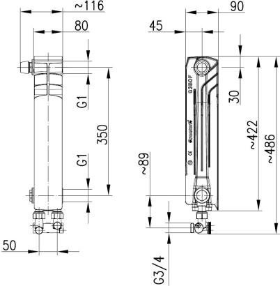 ARMATURA KRAKÓW - element PRAWY G350F/D/1 z dolnym zasilaniem krzyżowym z zespołem przyłączeniowym prosty 878-081-44