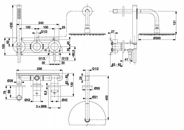 ARMATURA KRAKÓW KFA zestaw prysznicowy podtynkowy z baterią 3-otworową 2-funkcyjną MOZA CHROM 5039-511-00