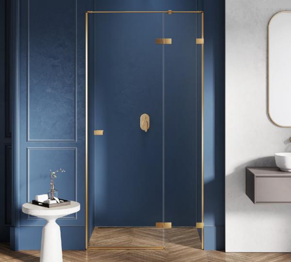 NEW TRENDY Drzwi wnękowe AVEXA GOLD BRUSHED 1D L 110x200 szkło czyste 6mm Active Shield 2.0 złoto szczotkowane EXK-1720