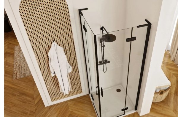 REA - Kabina narożna - drzwi podwójne prysznicowe składane, łamane HUGO DOUBLE 90x100 Black / Czarne 