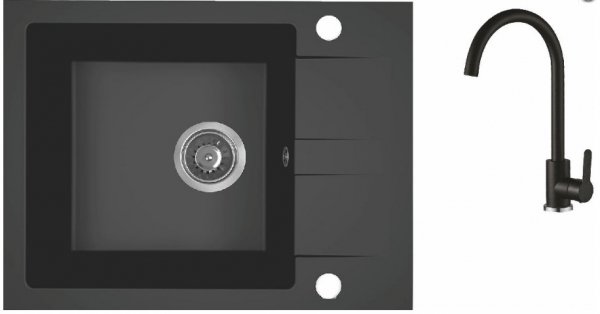 AQUAFORM - zlewozmywak granitowy MARANELLO 440 X 570 X 215 - 1 komora z 1/2 ociekacza, CZARNY MONO + syfon oszczędzający miejsce z korkiem automatycznym  AQ.901-101 + bateria stojąca z wylewką U  AQ.901-1019502