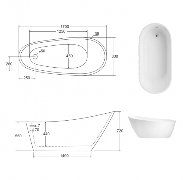 BESCO Wanna akrylowa wolnostojąca MELODY 170cm + maskownica syfonu z przelewem złota #WAS-170-MZL
