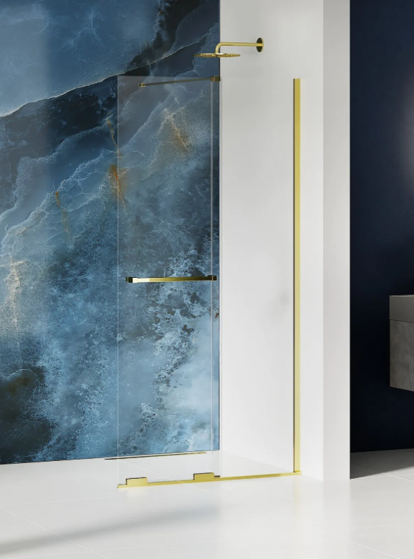 NEW TRENDY Kabina prysznicowa walk in 110x200 Smart Light Gold, przesuwna, wspornik skośny, reling EXK-6730-WU