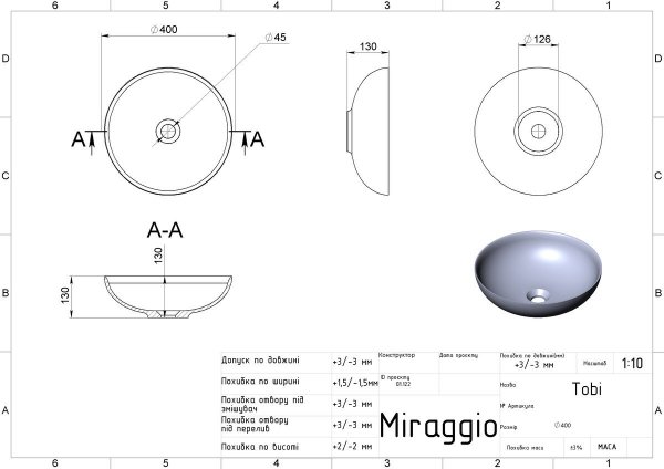 MIRAGGIO Umywalka nablatowa TOBI biała matowa 0002708