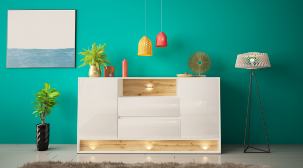 MEGSTYL KOMODA 160CM Z WSTAWKĄ DĄB WOTAN -  biały połysk VISION 2