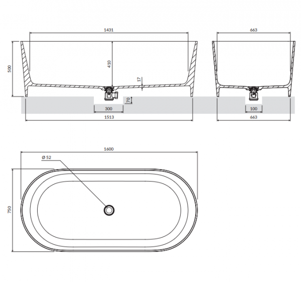 OMNIRES Komplet wanna OVO M+ 160cm  + bateria wolnostojąca czarna Y1233BL