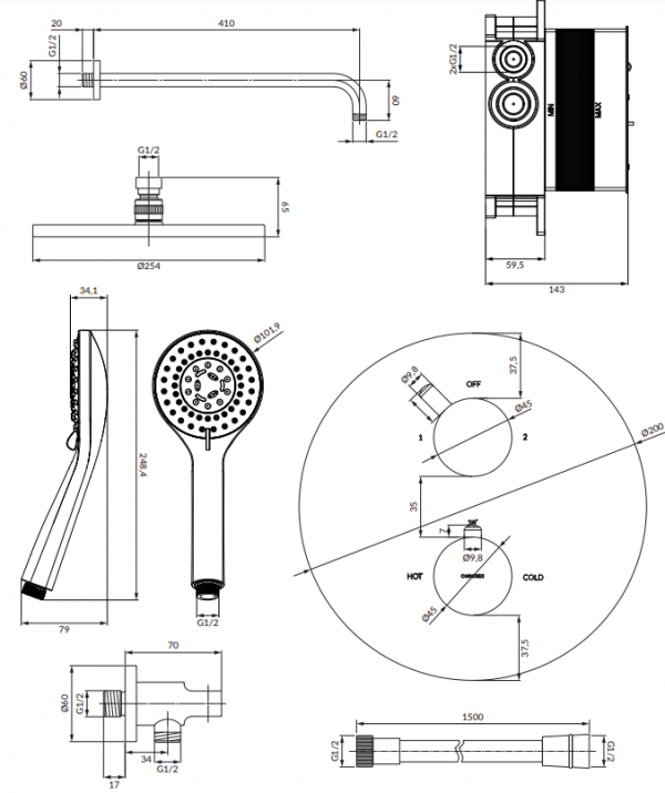 OMNIRES Termostatyczny system prysznicowy podtynkowy czarny SYSYT05BL,