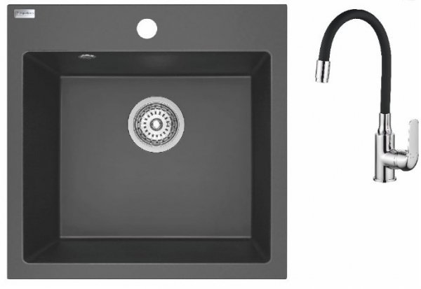 AQUAFORM - zlewozmywak granitowy MARANELLO 490 X 490 X 215 - 1 komora, CZARNY MONO + syfon oszczędzający miejsce + bateria stojąca z wylewką elastyczną  AQ.901-1009507