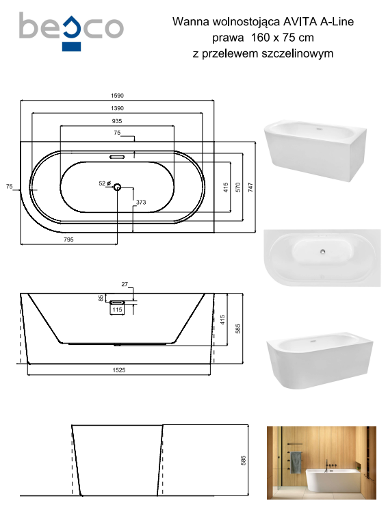 BESCO Wanna wolnostojąca Avita A-line 160 P/L + syfon klik-klak chrom z przelewem slim  #WAA-160ALS - APS