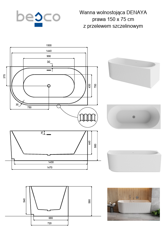 BESCO Wanna wolnostojąca przyścienna Denaya B&amp;W 150 Prawa + maskownica odpływu biała #WASB-150DPW