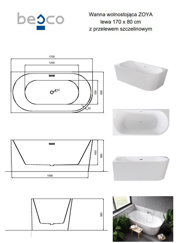 BESCO Wanna wolnostojąca przyścienna Zoya 170x80 Lewa + maskownica syfonu z przelewem czarna #WAS-170-ZLC