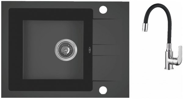 AQUAFORM - zlewozmywak granitowy MARANELLO 440 X 570 X 215 - 1 komora z 1/2 ociekacza, CZARNY MONO + syfon oszczędzający miejsce z korkiem automatycznym + bateria stojąca z wylewką elastyczną  AQ.901-1019506