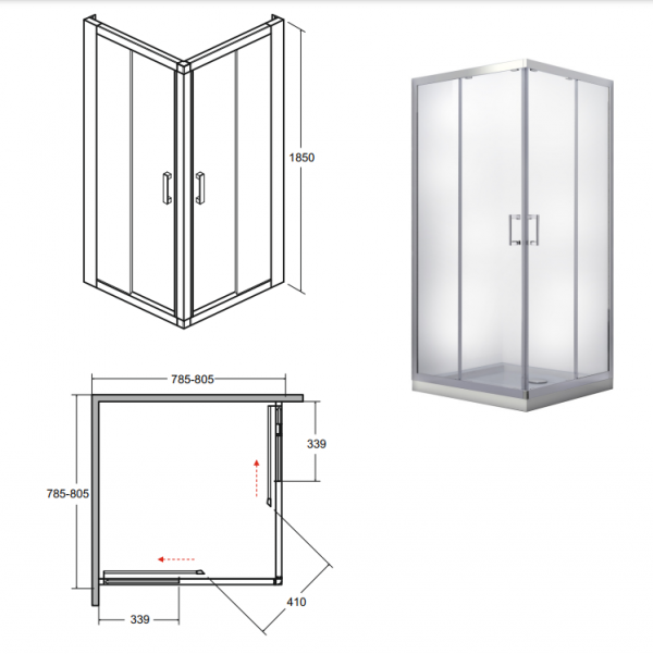 BESCO Kabina prysznicowa kwadratowa drzwi przesuwne Modern 90x90x185 szkło mrożone 90 MK-90-185-M