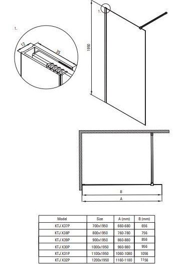 DEANTE - Ścianka prysznicowa PRIZMA walk-in 100 szkło transparentne, profil - nero  KTJ_N30P