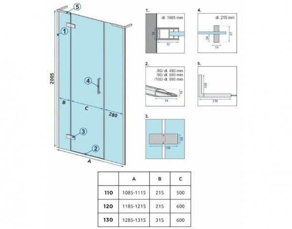 REA - Drzwi prysznicowe składane, łamane HUGO 130 Black / Czarne  + listwa magnetyczna wymagana do montażu we wnęce