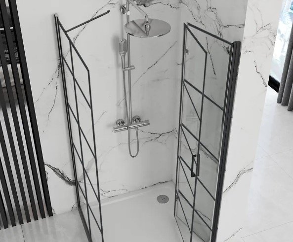 REA - Kabina prysznicowa przyścienna narożna MOLIER Black / Czarna - drzwi 110 ścianka 80