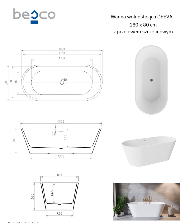 BESCO Wanna wolnostojąca Deeva Glam Grafitowa 180x80 + maskownica odpływu złote #WWA-180DGGG