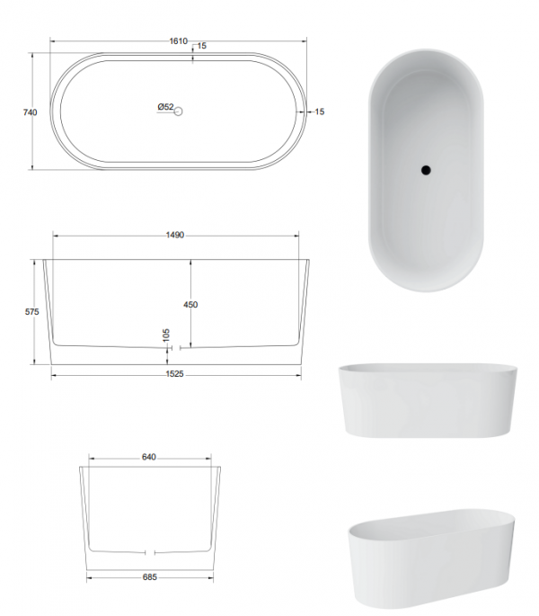 BESCO Wanna wolnostojąca Lova 160x74 + klik-klak chrom #WWM-160-LKS